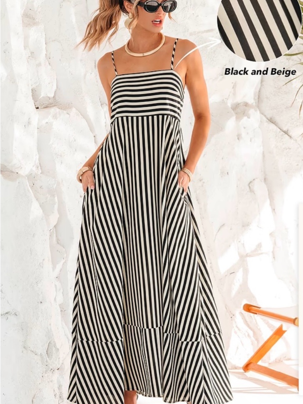 Cupshe Black and Beige Striped Spaghetti Strap Maxi Dress
